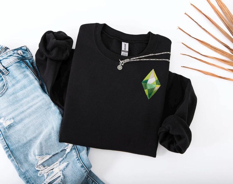Sudadera inspirada en Los Sims / Sudadera con capucha verde de Plumbob / Sudadera de cuello redondo con estética gamer / Sudadera acogedora para juegos / Sudadera de regalo para Simming / Personalizable Black