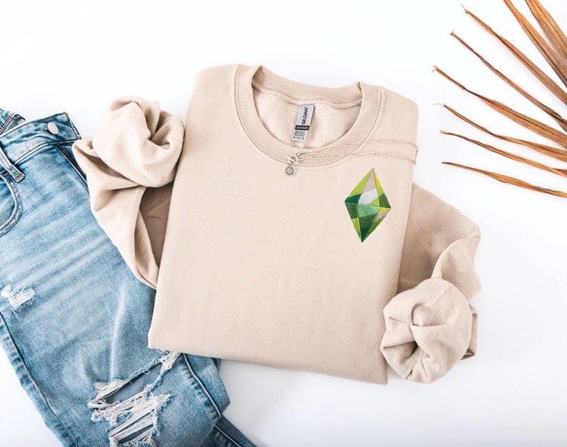 Sudadera inspirada en Los Sims / Sudadera con capucha verde de Plumbob / Sudadera de cuello redondo con estética gamer / Sudadera acogedora para juegos / Sudadera de regalo para Simming / Personalizable Sand