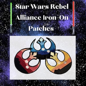 May include: Three embroidered iron-on patches featuring the Rebel Alliance symbol in different color combinations: red, white, and blue; blue, white, and black; and yellow, white, and black.