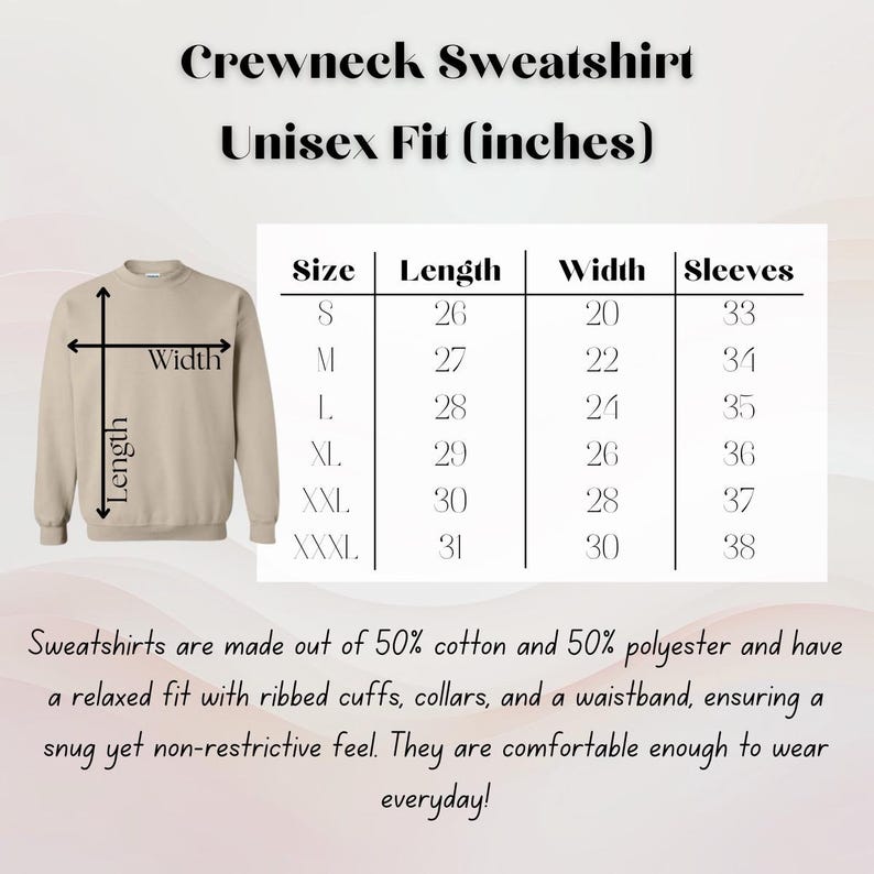 Puede incluir: Una tabla de tallas para una sudadera con cuello redondo unisex, que muestra las medidas en pulgadas para la longitud, el ancho y las mangas. La tabla incluye las tallas S, M, L, XL, XXL y XXXL.