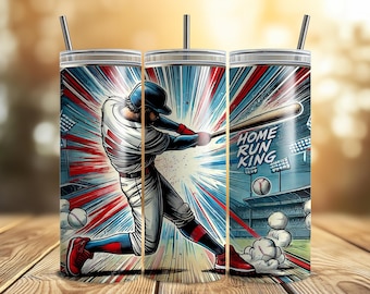 May include: A white, red, and blue baseball-themed tumbler with a cartoon baseball player swinging a bat. The tumbler has the text "Home Run King" on it.