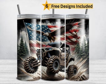 May include: A patriotic tumbler design featuring an American flag, an eagle, and an off-road vehicle. The design includes the text "6 Free Designs Included" in a gold star. The tumbler has a silver lid and a straw.