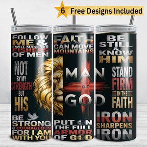 Christian Tumbler Wrap, Man of God, Religious 20oz Skinny Tumbler for Dad, Bible Verse PNG, Sublimation Tumbler for Men, Faith Jesus Lion