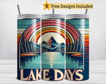 Lake Tumbler Wrap, Retro Lake Days 20 oz Skinny Tumbler, Lake Life Sublimation Design, Lake PNG, Sunset Mountain Fishing Boating DIGITAL