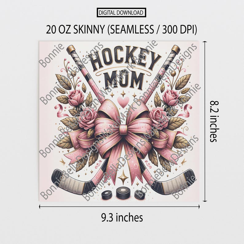 Puede incluir: Un dise&ntilde;o de descarga digital para un vaso delgado de 20 oz, con el texto "HOCKEY MOM". El dise&ntilde;o incluye palos de hockey cruzados, un gran lazo rosa, rosas y discos de hockey. El dise&ntilde;o mide 23,6 cm de ancho y 20,8 cm de alto.