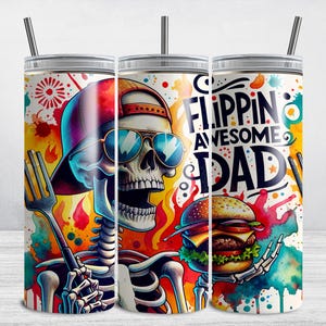 Flippin Awesome Dad Tumbler Wrap, Father&#39;s Day 20 oz Skinny Tumbler Sublimation Design, Funny Skeleton PNG, Summer BBQ Grilling Men
