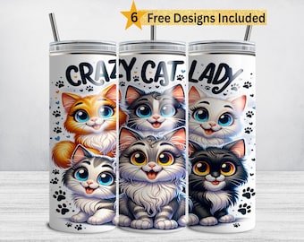 May include: White tumbler with the text "CRAZY CAT LADY" and illustrations of six cartoon cats with big eyes. The cats are in various colors, including orange, gray, and black. Paw prints and hearts decorate the tumbler.