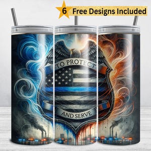 Police Officer Badge Tumbler Wrap, Blue Line Flag 20 oz Skinny Tumbler Sublimation Design, Police Officer PNG, Serve and Protect DIGITAL