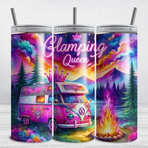 Glamping Queen Tumbler Wrap, Camping Queen 20 oz Skinny Tumbler, Sublimation Design, Camper Van Wrap PNG, Outdoor Camping Lover Tumbler