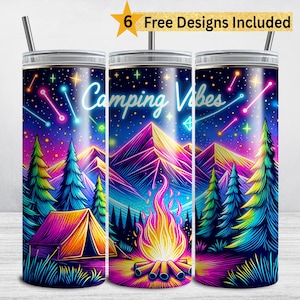 Camping Tumbler Wrap, Neon Camping Vibes, 20 oz Skinny Tumbler Sublimation Design PNG, Outdoor Camping Lover, Camper Summer Campire