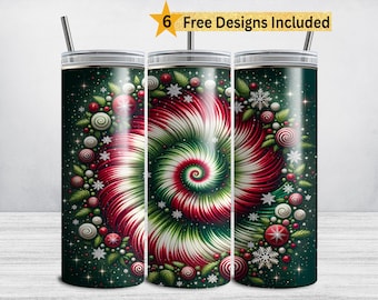 May include: Three stainless steel tumblers with a Christmas-themed design. The design features a spiral of red, white, and green, surrounded by ornaments, snowflakes, and greenery. The text "6 Free Designs Included" is in the image.