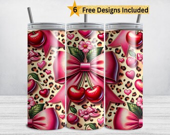 Cherry and Cheetah Tumbler Wrap, Leopard Print Coquette 20 oz Skinny Tumbler Sublimation Design, Seamless Coquette Cherry PNG DIGITAL