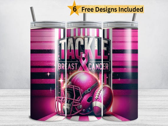 Tackle Breast Cancer Tumbler Wrap, Football 20 oz Skinny Tumbler Sublimation Design PNG, Pink October Awareness Ribbon DIGITAL DOWNLOAD