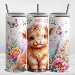 Happy Mother&#39;s Day Tumbler Wrap, Cute Baby Highland Cow Tumbler Sublimation PNG, Mom Mama Floral Tumbler Design, 20 oz Skinny Tumbler Wrap
