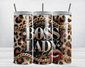 Boss Lady Tumbler Wrap, Mob Wife Leopard Print 20 oz Skinny Tumbler, Sublimation Design, Lady Boos Glitter Glam, Girl Boss Babe Design