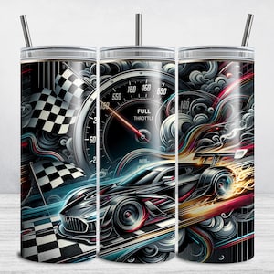 Racing Car Tumbler Wrap Sublimation, Boy&#39;s 20 oz Skinny Tumbler, Racing Car PNG, Checkered Flag Speedometer