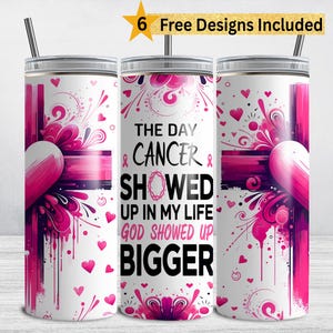 Embalagem para copo cristão contra câncer de mama, design de sublimação para copo fino de 20 oz PNG, luta contra o câncer, conscientização sobre a Cruz Rosa, download digital