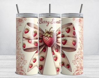Strawberry Tumbler Wrap, Strawberry PNG Coquette Bow 20 oz Skinny Tumbler Sublimation Design, Berry Sweet Quote, Summer Fruit Girl
