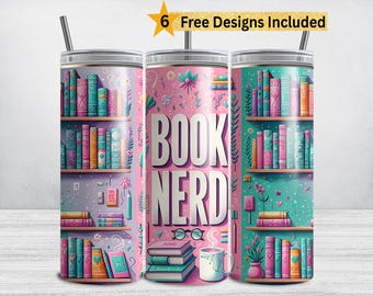 Book Tumbler Wrap, Pink Teal Book Lover 20 oz Skinny Tumbler Sublimation Design PNG, Book Nerd Reader Reading Club DIGITAL DOWNLOAD