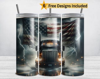 May include: A set of three stainless steel tumblers with a wraparound design featuring a semi-truck, the American flag, and lightning bolts. The tumblers have a silver straw and a black lid. The text "6 Free Designs Included" is in a gold banner.
