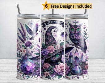 Witchy Vibes Tumbler Wrap, Halloween Witch 20 oz Skinny Tumbler Sublimation Design, Black Cat PNG Fall DIGITAL DOWNLOAD