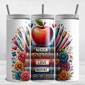 Teacher Tumbler Wrap, Teach Love Inspire PNG, Teacher Life 20 oz Skinny Tumbler Sublimation Design PNG, Back to School Gift Idea