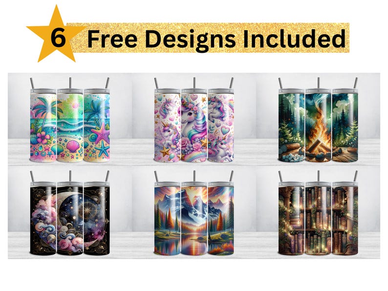 May include: Six different designs for 20 oz. stainless steel tumblers. The designs include a beach scene, a unicorn, a campfire, a mountain scene, a moon and stars, and a bookshelf with lights.