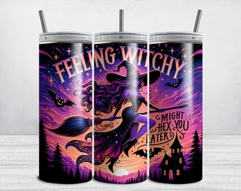 Halloween Witch Tumbler Wrap, Feeling Witchy 20 oz Skinny Tumbler Wrap Sublimation Design, Witchy PNG for Fall Tumblers