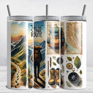 Hiking Tumbler Wrap, Hikers 20oz Skinny Tumbler Wrap PNG, Take the Scenic Route, Brushstroke Sublimation Tumbler Design DIGITAL DOWNLOAD