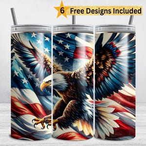 Könnte beinhalten: Ein Edelstahlbecher mit einem Design eines amerikanischen Weißkopfseeadlers mit ausgebreiteten Flügeln, der über einer amerikanischen Flagge fliegt. Der Adler ist braun, weiß und blau, und die Flagge ist rot, weiß und blau.