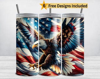 Patriotic Eagle American Flag Tumbler Wrap Design, 20 oz Skinny Tumbler Sublimation, 4th July PNG, Eagle and Flag Art