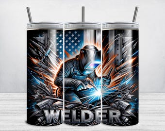 Welder Tumbler Wrap, Welding 20 oz Skinny Tumbler Sublimation Design, Welder PNG, Steel American Flag DIGITAL DOWNLOAD
