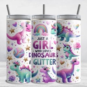 Dinosaur Tumbler Wrap, Girl Who Loves Dinosaurs, 20 oz Skinny Tumbler Sublimation Design, Kids Dinosaur PNG, Glitter Tumbler Dinosaur Design