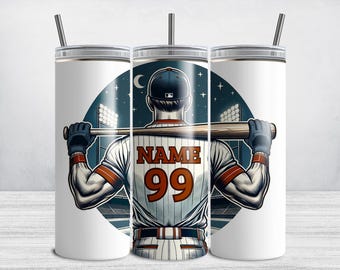 May include: White tumbler with a baseball player graphic. The player is holding a bat and wearing a jersey with the text "NAME 99".