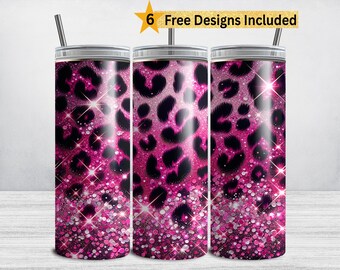Hot Pink Leopard Tumbler Wrap, Sparkle Leopard Patter 20 oz Skinny Tumbler Sublimation Design, Pink Glitter PNG Tumbler Design