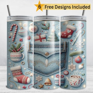 Denim Christmas Tumbler Wrap Sublimation, 20oz Tumbler Wrap Christmas Design, Girly Preppy Christmas PNG DIGITAL