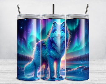 Wolf Tumbler Wrap, 20oz Skinny Wolves Tumbler Wrap PNG, Wolf Northern Lights Sublimation Design DIGITAL DOWNLOAD