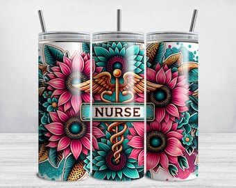 Envoltura para vaso de enfermera, vaso delgado de 20 oz para sublimación, diseño floral de caduceo para enfermera, idea de regalo de enfermería, arte de descarga instantánea
