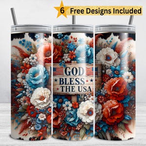 Patriotic Fourth of July Tumbler Wrap, God Bless the USA, Floral Cowprint 20 oz Skinny Tumbler Sublimation Design, 4th of July PNG America