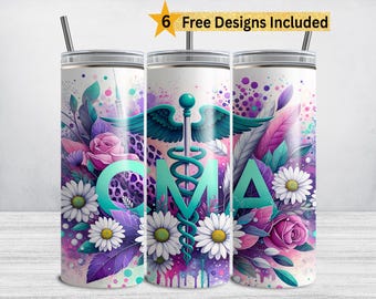 CMA-mugg med omslagspapper, certifierad medicinsk assistent-mugg PNG, 20 oz smal sjuksköterska-mugg med sublimeringsdesign, omvårdnadsmedicinsk personal-mugg