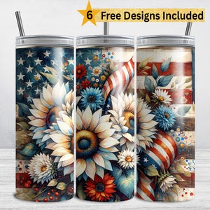 Sunflower Patriotic Tumbler Wrap, 4th of July 20 oz Skinny Tumbler Sublimation Design, Flag Fourth of July, Stars and Stripes Floral PNG