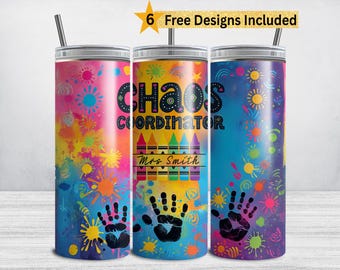 Teacher Chaos Coordinator Tumbler Wrap, Pre K Kindergarten 20 oz Skinny Tumbler Sublimation Design, Teacher Appreciation PNG, Tiny Human