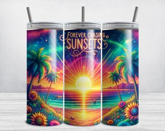 Envoltura para vaso "Atardecer en la playa", envoltura delgada para vaso "Atardecer tropical" de 20 oz, PNG de sublimación, Persiguiendo atardeceres, PNG de playa de verano