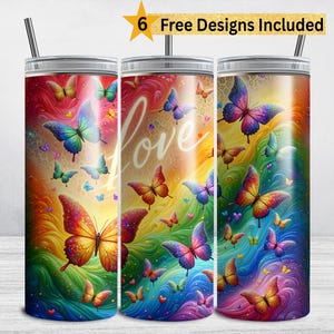 Love Pride Tumbler Wrap, LGBTQ 20 oz Skinny Tumbler, Gay Lesbian Pride Sublimation Design PNG Rainbow Butterflies Design Glitter Pride Month