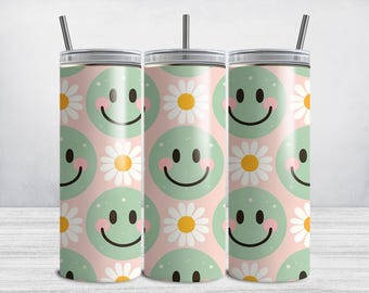 Envoltura para vaso con margaritas sonrientes, diseño de sublimación para vaso delgado Daises de 20 oz, linda carita sonriente PNG, estilo retro veraniego