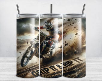 May include: A set of three stainless steel tumblers with a motocross rider and dirt bike design. The tumblers feature a brown and white background with the text "Grip It & Rip It".
