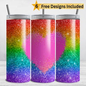 Pride Rainbow Glitter Tumbler Wrap, LGBTQ 20 oz Skinny Tumbler Sublimation Design, Rainbow Gay Pride PNG Sparkle Love Heart DIGITAL