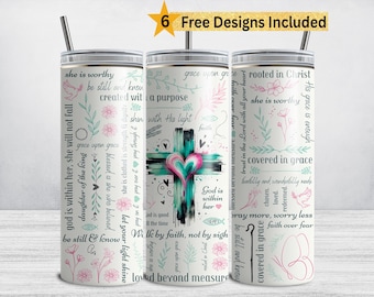 Christelijke vrouw beker wrap, kruis 20 oz magere beker sublimatie ontwerp png, inspirerend gezegend bid geloof bijbelvers god digitaal