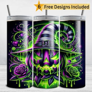 Halloween Pumpkin Tumbler Wrap, Neon Spooky Season, 20oz Skinny Tumbler PNG, Witches Trick or Treat Sublimation Tumbler Design DIGITAL