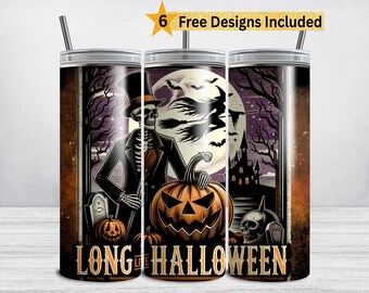 Retro Halloween Tumbler Wrap, es lebe Halloween, Skelett Hexe 20 Unze Skinny Tumbler Sublimationsdesign, Halloween PNG Herbst gruselige Saison